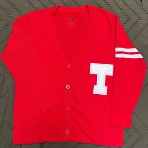 Red Cardigan with White Letter Patch